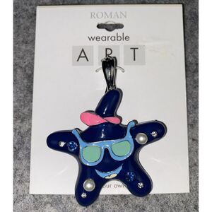 Wearable Art‎ Pendant By Roman 2" STARFISH Blue Silver Tone W/Rhinestones NEW